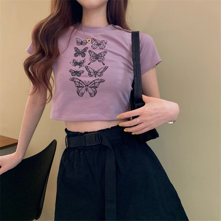 IELGY  Áo Thun Tay Ngắn Dáng Ôm In Họa Tiết Phong Cách Hàn Quốc Thời Trang Cho Nữ