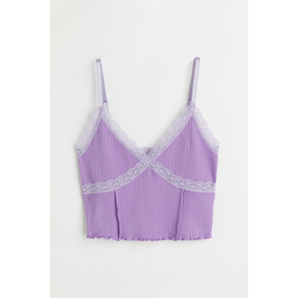 H&M Đức - Áo croptop body hai dây thun gân co giãn viền ren sexy màu tím sale auth new cao cấp 0952577020