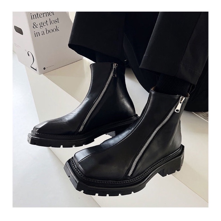 Giày boots da nam nữ mũi vuông cổ lửng phối khoá 2 bên hông FOOTMADE