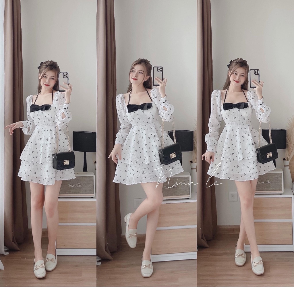 : 🍀Váy Hoa Nhí Đen 2 Lớp Nơ Ngực 💋 [LOLLA_YE_FASHION]