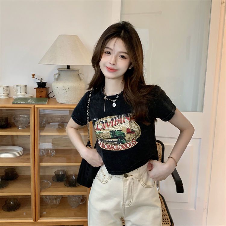 Áo Thun COZOK Tay Ngắn Dáng Ôm Hở Rốn Kiểu Vintage Cá Tính