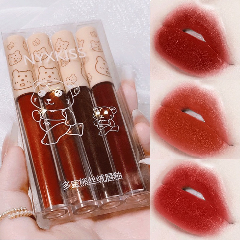✨✨Son kem màu lì mịn như nhung in hình chú gấu kháng nước 4 màu tùy chọn