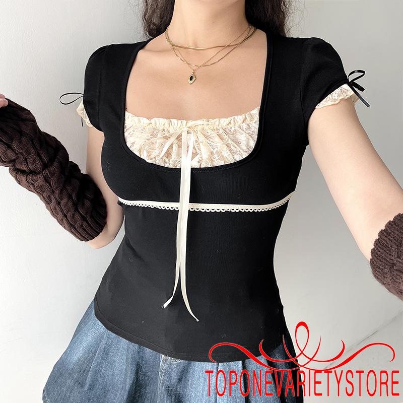 Áo Thun Tay Ngắn Y2K Giả Hai Lớp Phối Ren Gợi Cảm Cho Nữ