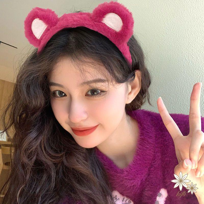 Băng Đô Cài Tóc Rửa Mặt Hình Tai Gấu / Dâu Tây Bằng Lông Nhung Dễ Thương Xinh Xắn