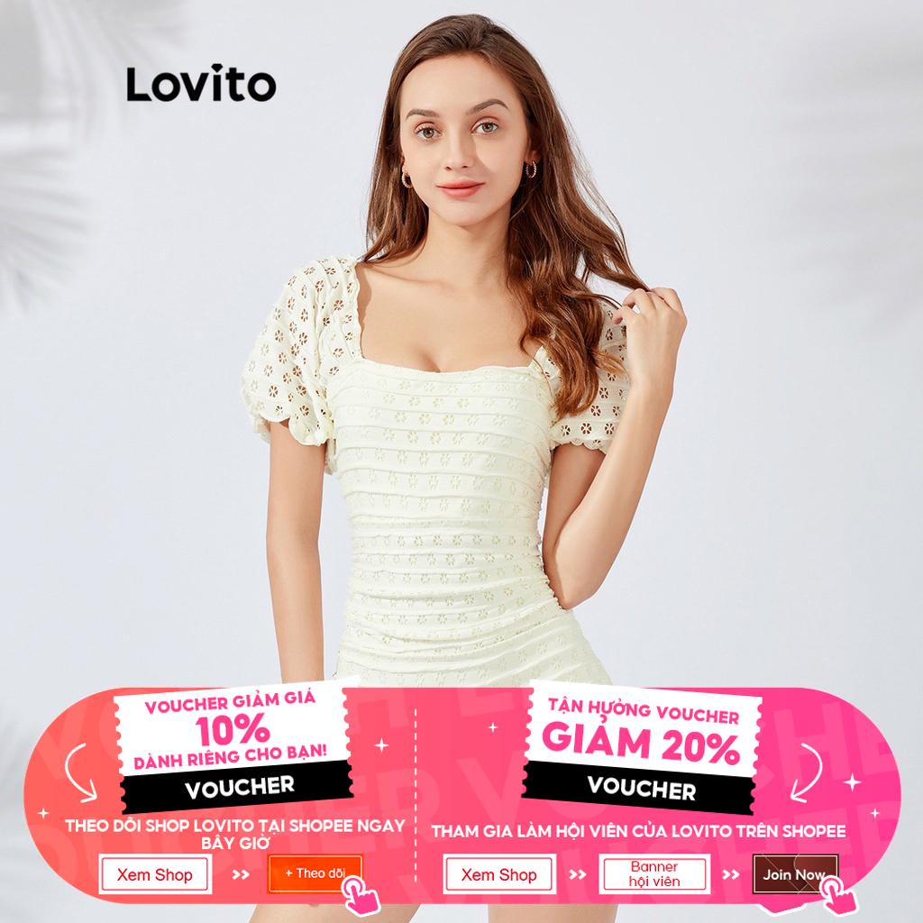 Đồ bơi một mảnh Lovito may nhún chun thêu lỗ xâu thanh lịch L23AD079 (màu trắng nhạt) | BigBuy360 - bigbuy360.vn