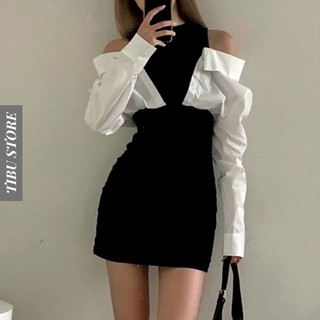 Đầm Body Phối Sơ Mi Trễ Vai Tay Dài TIBU, Váy Nữ Hở Vai Giả Áo Ôm Sát Quến Rũ Siêu Hot 2023