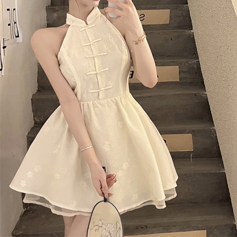 IELGY Đầm Trắng Không Tay Nhấn Eo Phong Cách retro Dành Cho Nữ