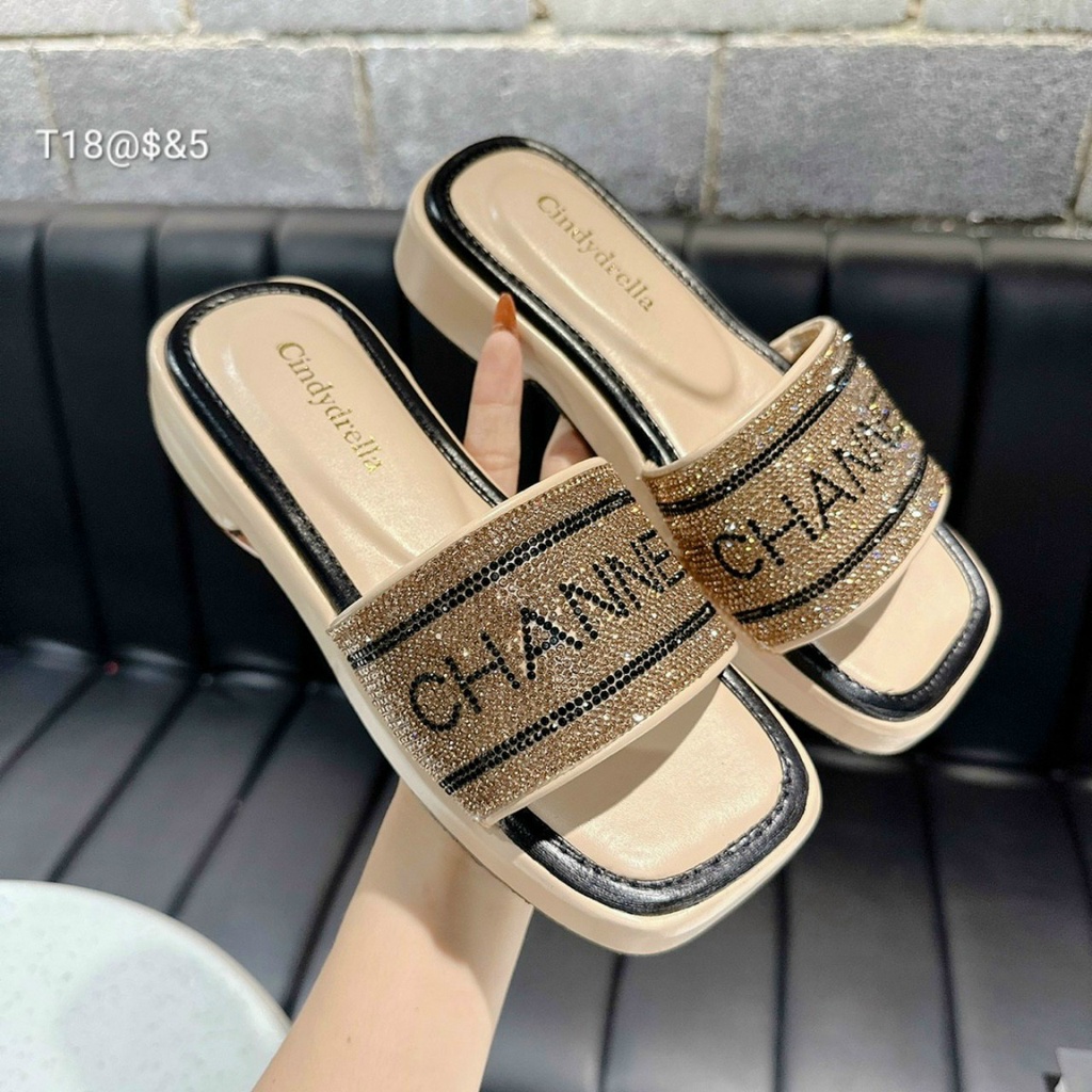 Dép Bản Chữ Thêu Mũi Vuông Đế 3 Phân Thời Trang Siêu Đẹp