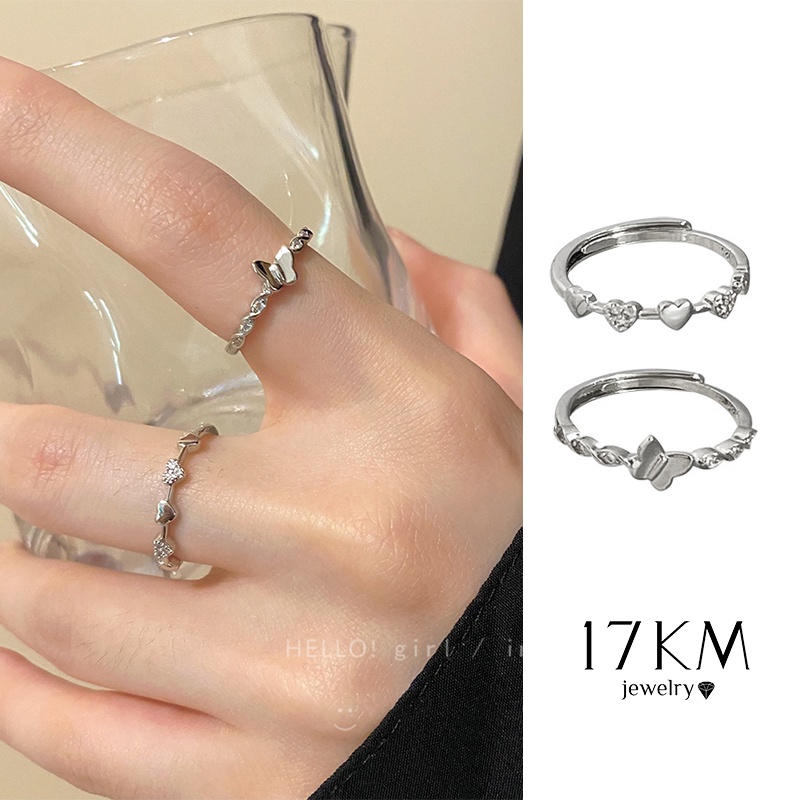 Bộ nhẫn đồng 17KM Y2K đính đá zircon hình trái tim / bướm xinh xắn