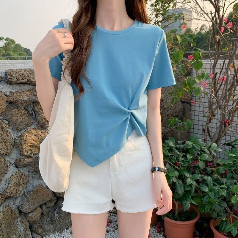 Linki ❆ Áo Thun Ngắn Tay Màu Trơn Thiết Kế Lệch Tà Thời Trang Cho Nữ