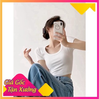Áo thun croptop ngắn tay nữ dáng ôm chất liệu cotton tăm co giãn 4 chiều phong cách hàn quốc