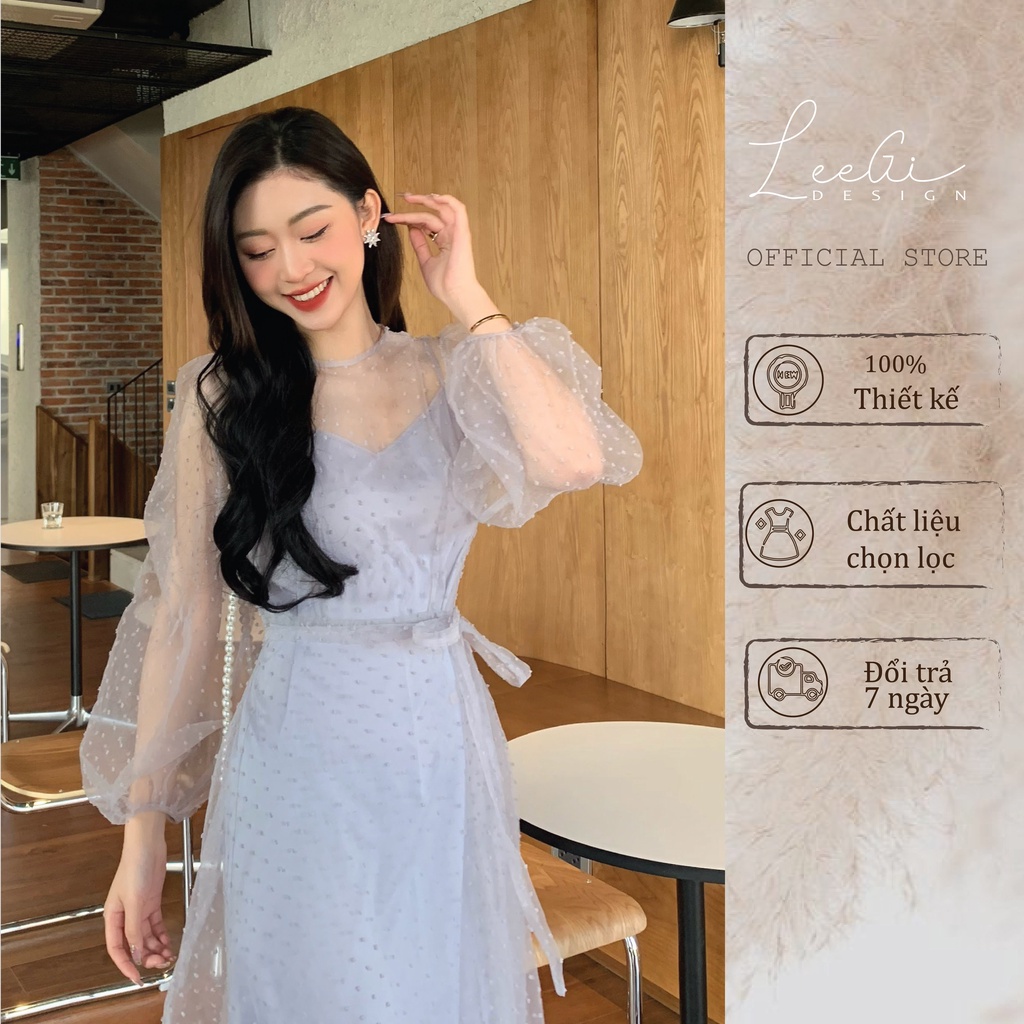 Váy tay bồng tơ hạt LeeGi Design chất liệu tơ hạt nổi mềm cao cấp phong cách thanh lịch