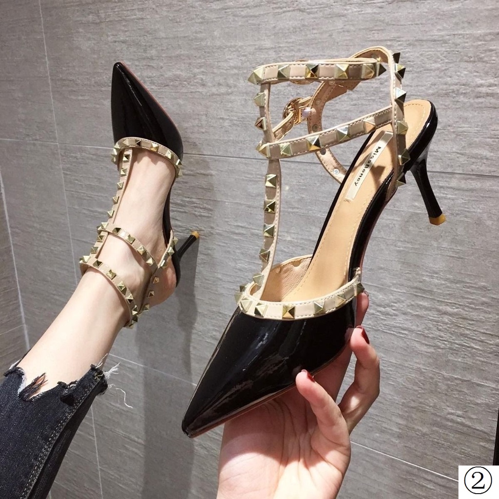 Giày Cao Gót Mũi Nhọn Màu Nude Đính Đinh Tán Thời Trang Xuân Hè 2021 Mới Quyến Rũ Dễ Phối Đồ Cho Nữ