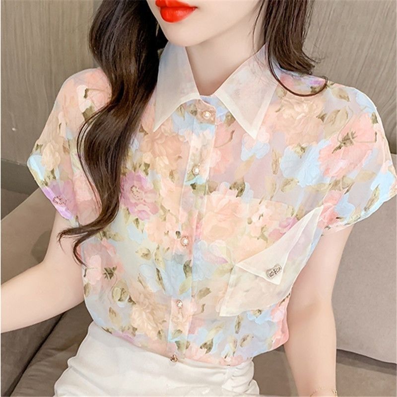 Áo Sơ Mi Chiffon Tay Ngắn In Hoa Mẫu Mới 2023 Phong Cách Phương Tây Cho Nữ