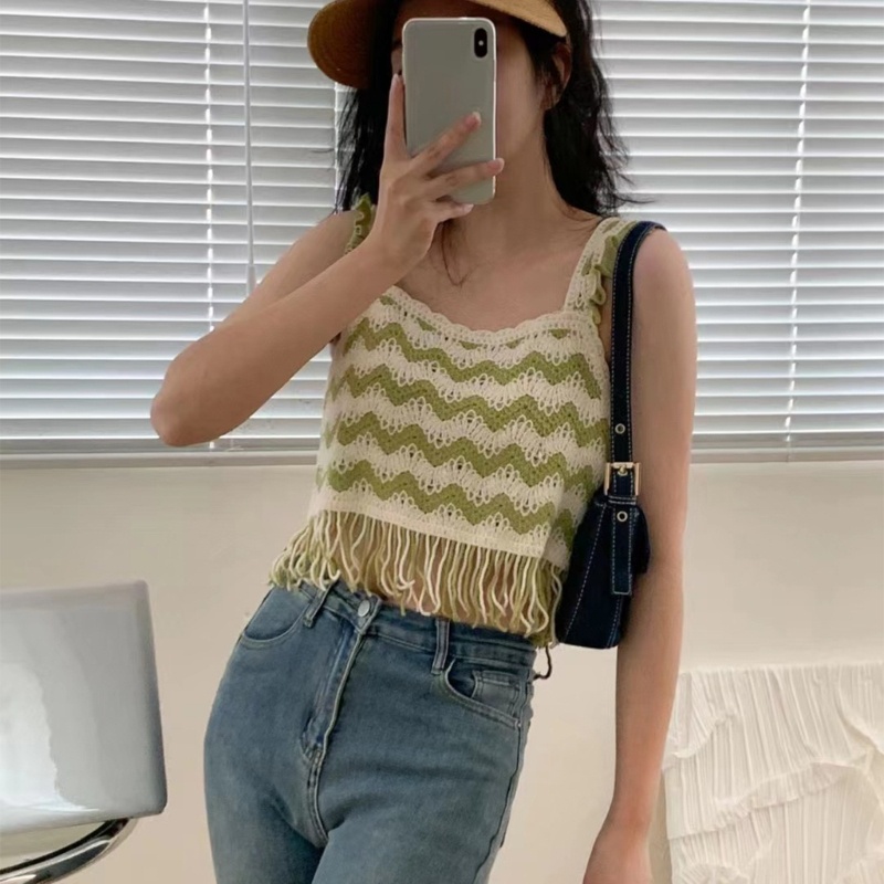 Áo Dệt Kim Không Tay Cổ Vuông Viền Tua Rua Thêu Họa Tiết Thời Trang Mùa Hè Cho Nữ