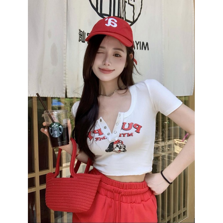 Áo Thun Ngắn Tay Cổ Chữ V In Họa Tiết Thời Trang Mùa Hè Cho Nữ