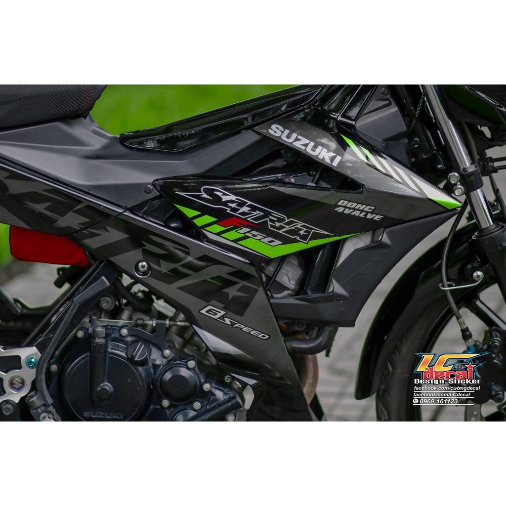 Tem rời Satria F150 xanh lá - xám dán xe đen