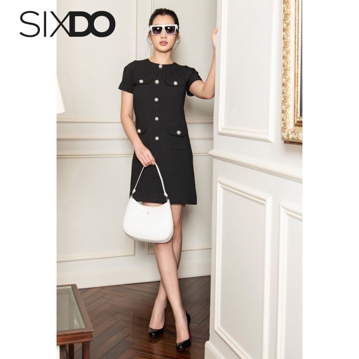 Đầm đen dáng suông phối cúc SIXDO (Black Straight Midi Raw Dress)
