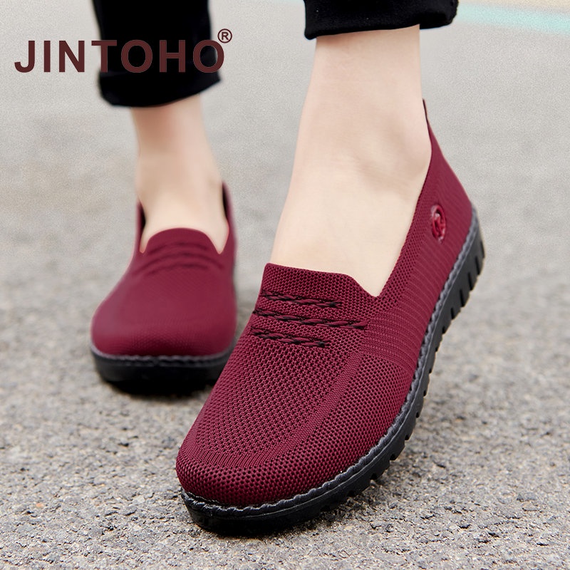 Jintoho Giày Lười Dệt Kim Phối Lưới Thoáng Khí Trọng Lượng Nhẹ Đơn Giản Cho Nữ Zapatillas Mujer