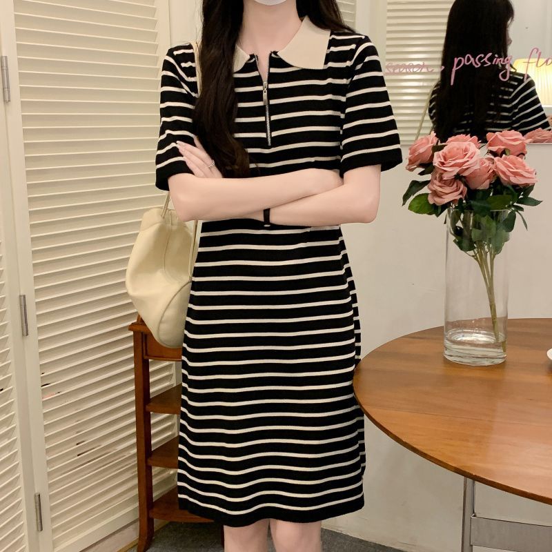 Đầm len polo nữ Dáng dài Form rộng Sọc ngang Chữ A Hàn Quốc Váy đầm len dài Cổ POLO Dáng rộng Ulzzang Thời trang