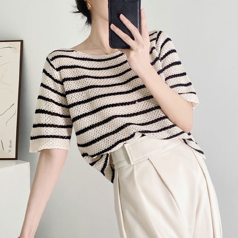 Áo Dệt Kim Tay Ngắn Dáng Ôm Họa Tiết Kẻ Sọc Màu Sắc Tương Phản Phong Cách Hàn Quốc Thời Trang Cho Nữ