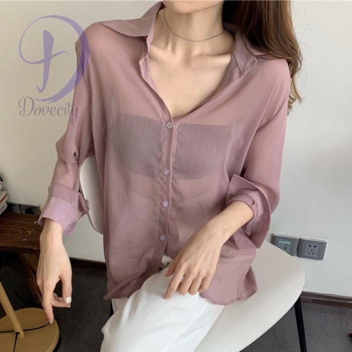 Áo Sơ Mi Voan Mỏng Tay Dài Xuyên Thấu Màu Đen Trơn Cỡ Lớn Thoáng Khí Thời Trang Công Sở Cho Nữ