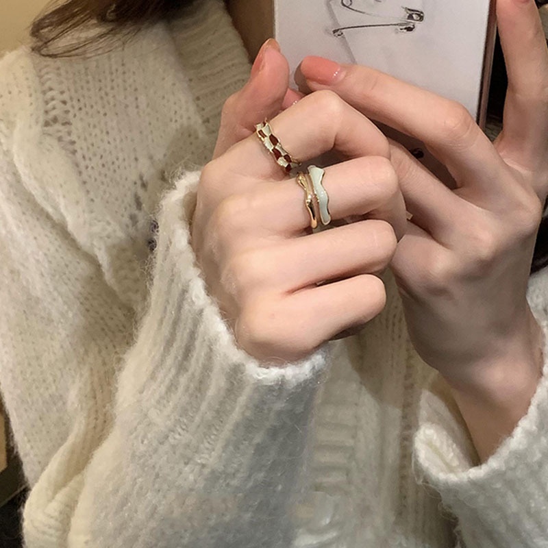 Nhẫn AY dạng hở điều chỉnh được hai lớp đính đá nhân tạo kiểu giọt nước phong cách retro thời trang cho nữ