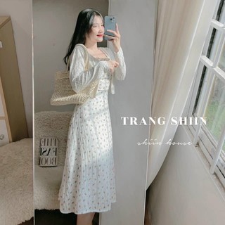 Set đầm hai dây hoa xếp ly ngực kèm khoác