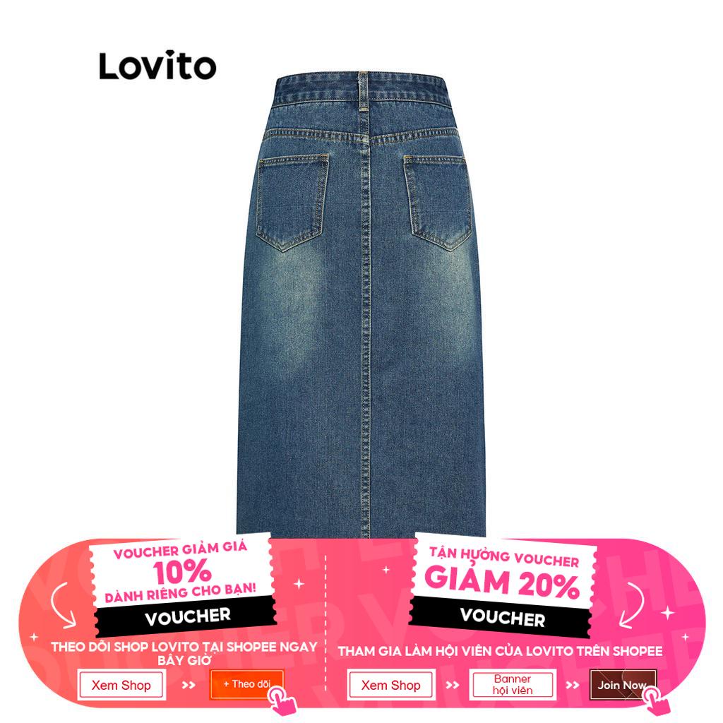 Chân váy midi Lovito vải denim màu trơn họa tiết sọc xẻ tà phong cách thường ngày dành cho nữ L39AD079 (xanh dương) | BigBuy360 - bigbuy360.vn