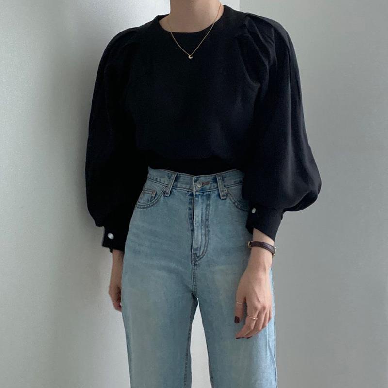 Áo Sơ Mi Tay Dài Phồng Cổ Tròn Đơn Giản Phong Cách Hàn Quốc Thời Trang Cho Nữ