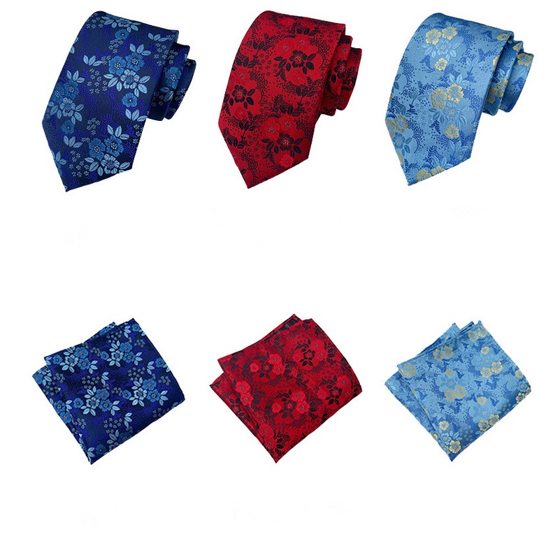 Bộ Cà Vạt 3 Món Bỏ Túi + 3 Cà Vạt Họa Tiết Sọc Caro 8cm Chất Lượng Cao Cho Nam