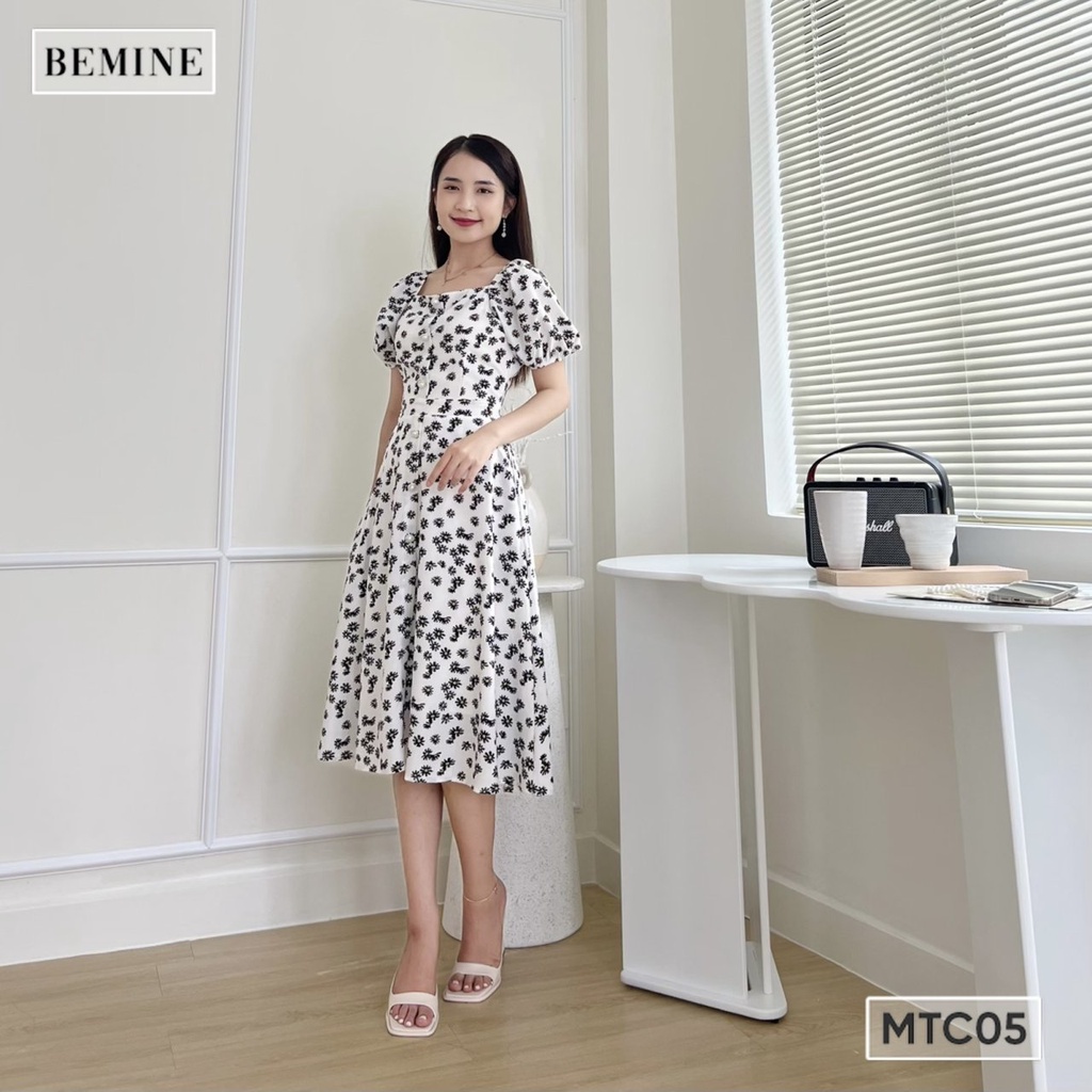 Đầm hoa tay phồng nút dọc BEMINE MTC05