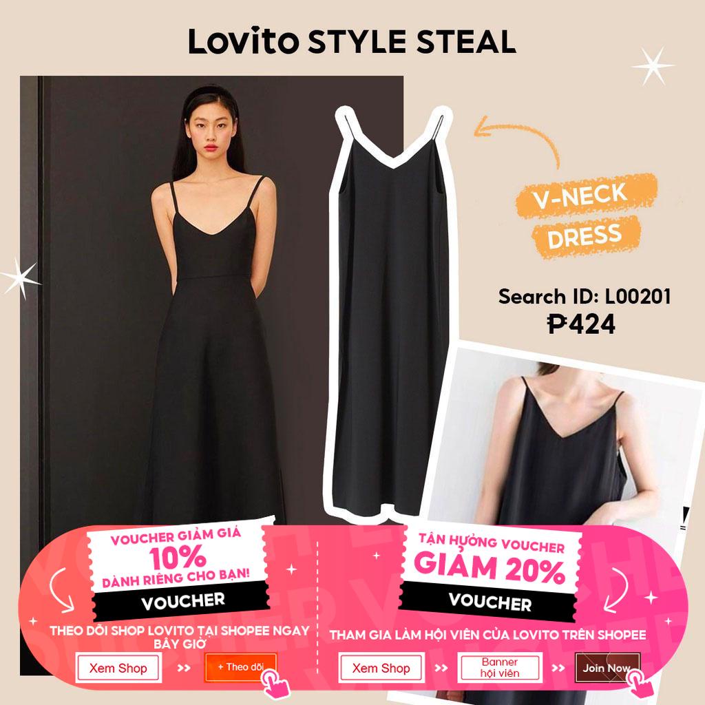 【Gợi ý từ KOL】Đầm Lovito đơn giản cổ chữ V tôn dáng DRM1001 (màu đen)