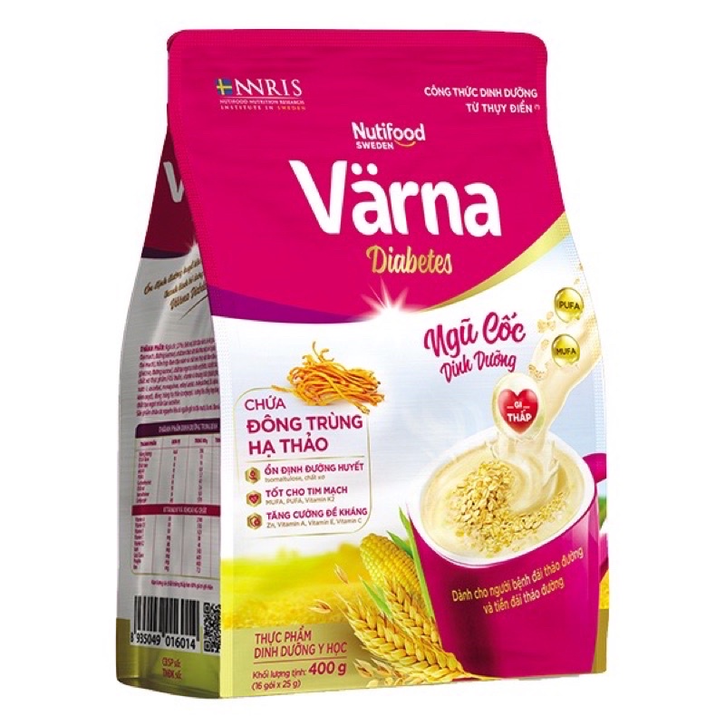 Ngũ cốc dinh dưỡng Varna Diabetes chứa đông trùng hạ thảo 400g/14 dành cho người đái tháo đường và tiền đái tháo đường.