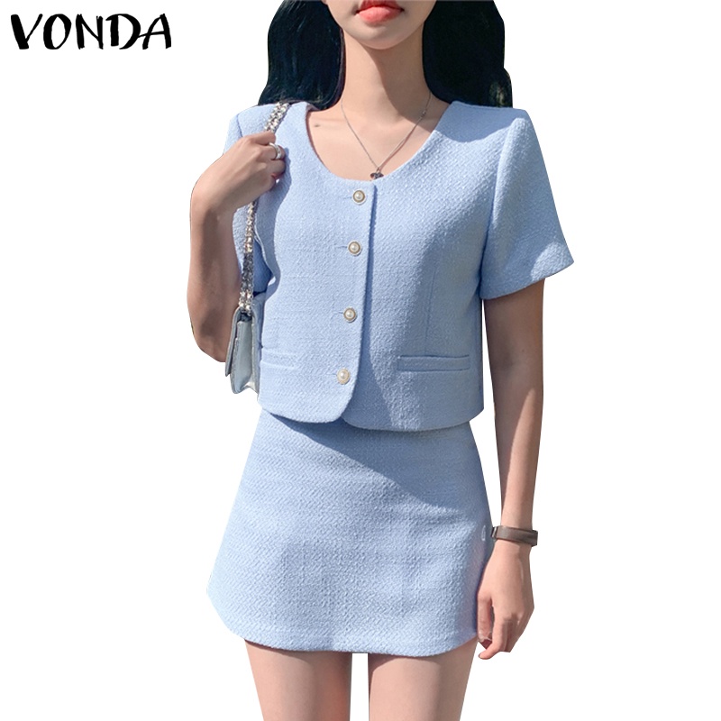 Bộ áo khoác ngắn tay cổ thuyền trơn đính nút + chân váy VONDA dáng ngắn lưng cao mini có khóa kéo mùa hè Hàn Quốc