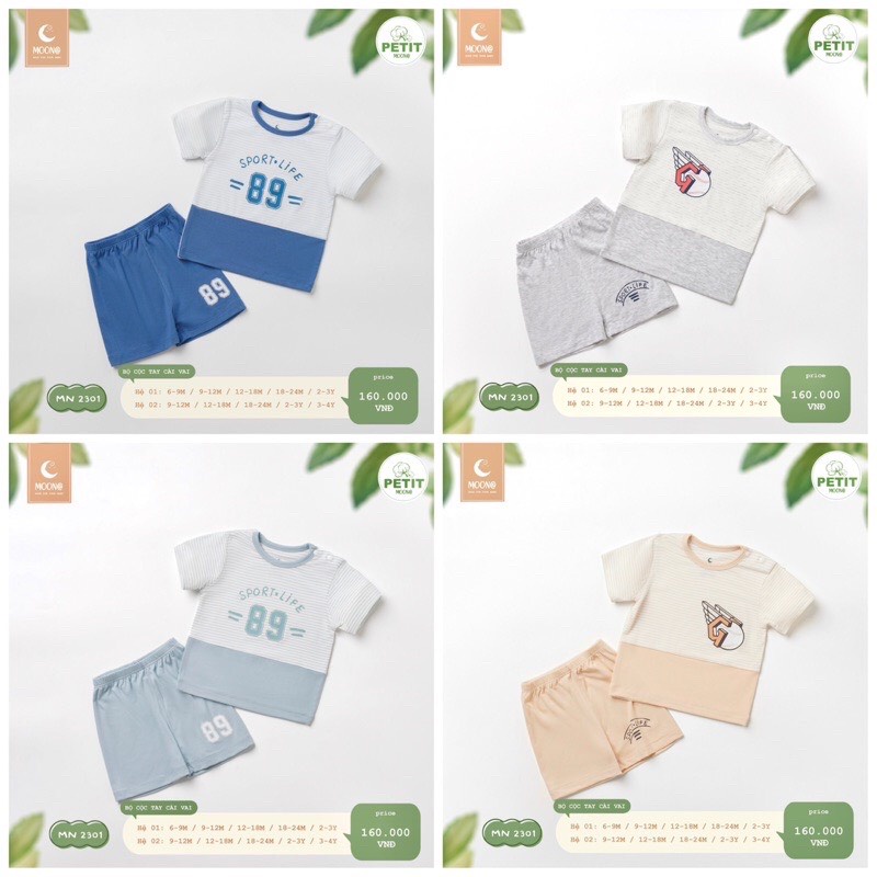 Bộ cộc tay cài vai vải petit cho bé trai/bé gái - MOON@