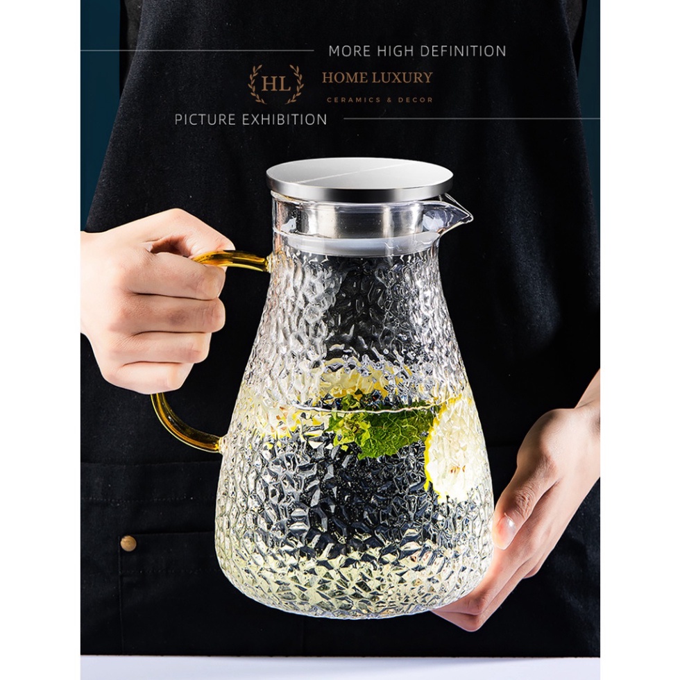 Bình thuỷ tinh chịu nhiệt sần quai vàng | Bộ bình cốc thủy tinh sần Borosilicate chịu nhiệt, chịu lực cao cấp 1.6L 1.8L