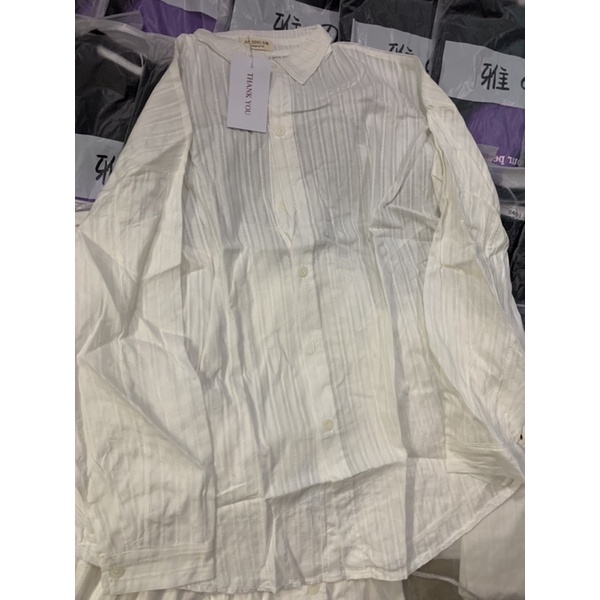 Áo sơ mi trắng phối kẻ sọc dáng dài oversize chất siêu mát from to kèm ảnh thật - hàng có sẵn