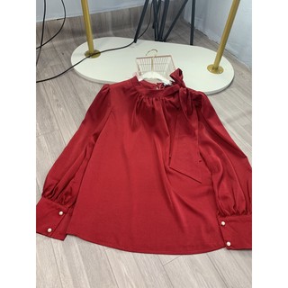 Áo sơ mi lụa cổ nơ lệch tay bồng dài tay 183
