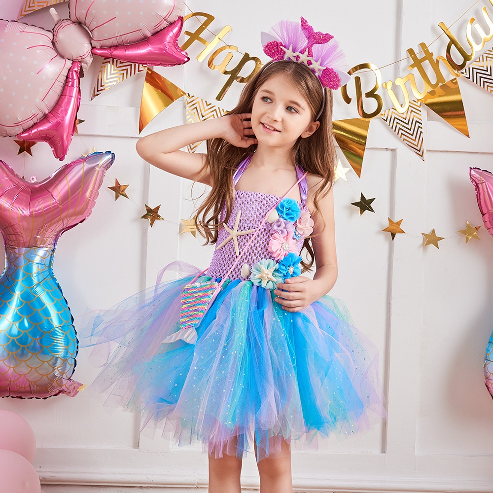 Đầm Tutu Nàng Tiên Cá Màu Pastel Chủ Đề Biển Sinh Nhật Với Băng Đô Hoa LIANGYI99