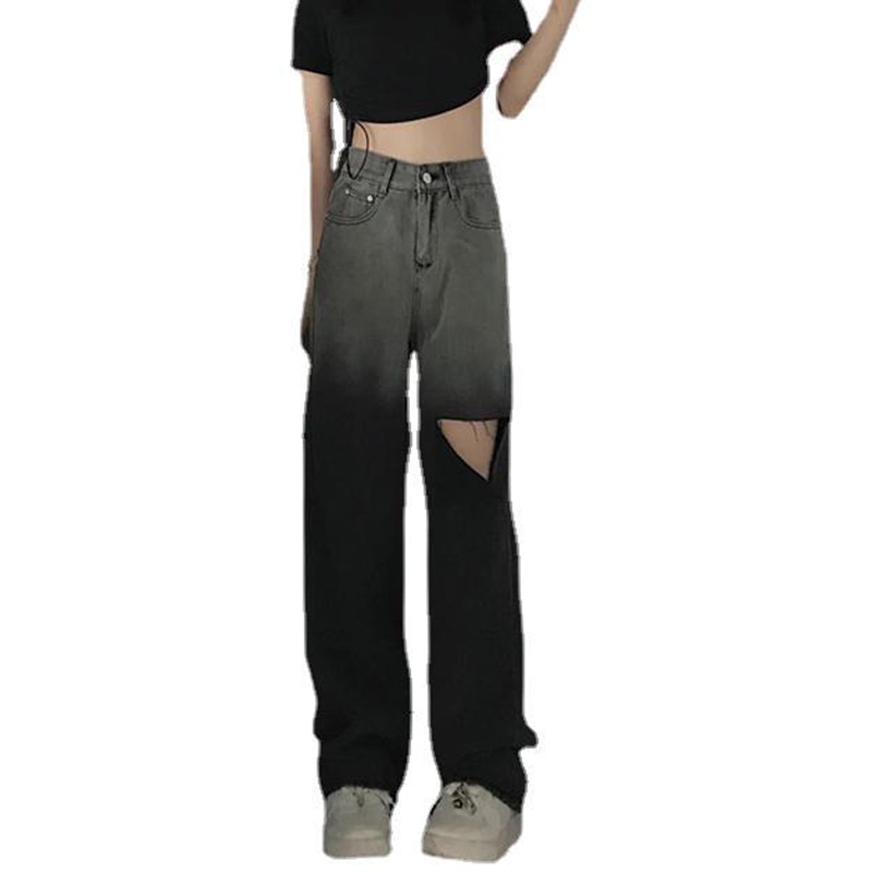 IELGYQuần Jean Dài Lưng Cao Ống Rộng Phối Rách Cá Tính Cho Nữ