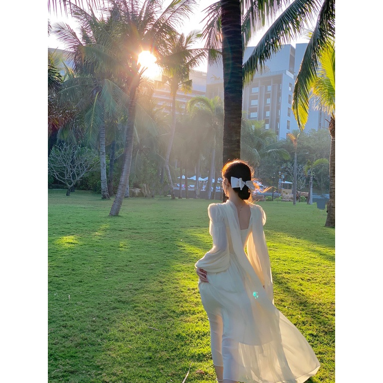 Byyyou Đầm Trắng Dáng Dài Nhấn Eo Tay Phồng Kiểu Pháp Cao Cấp Thời Trang Mùa Xuân