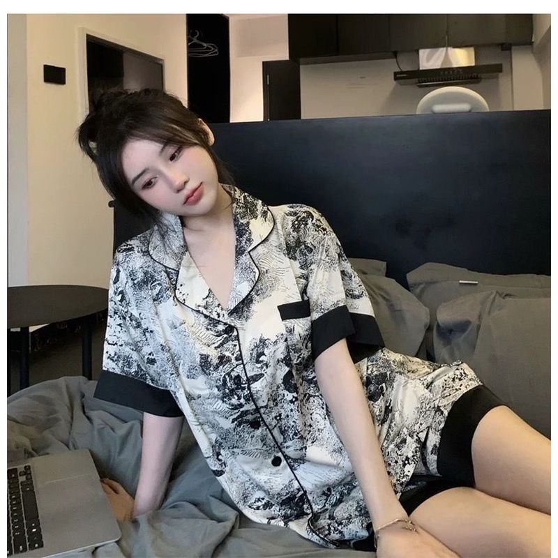 Bộ Đồ Ngủ Tay Ngắn Dáng Rộng In Họa Tiết Mực In Thời Trang Mùa Hè Mới Cho Nữ
