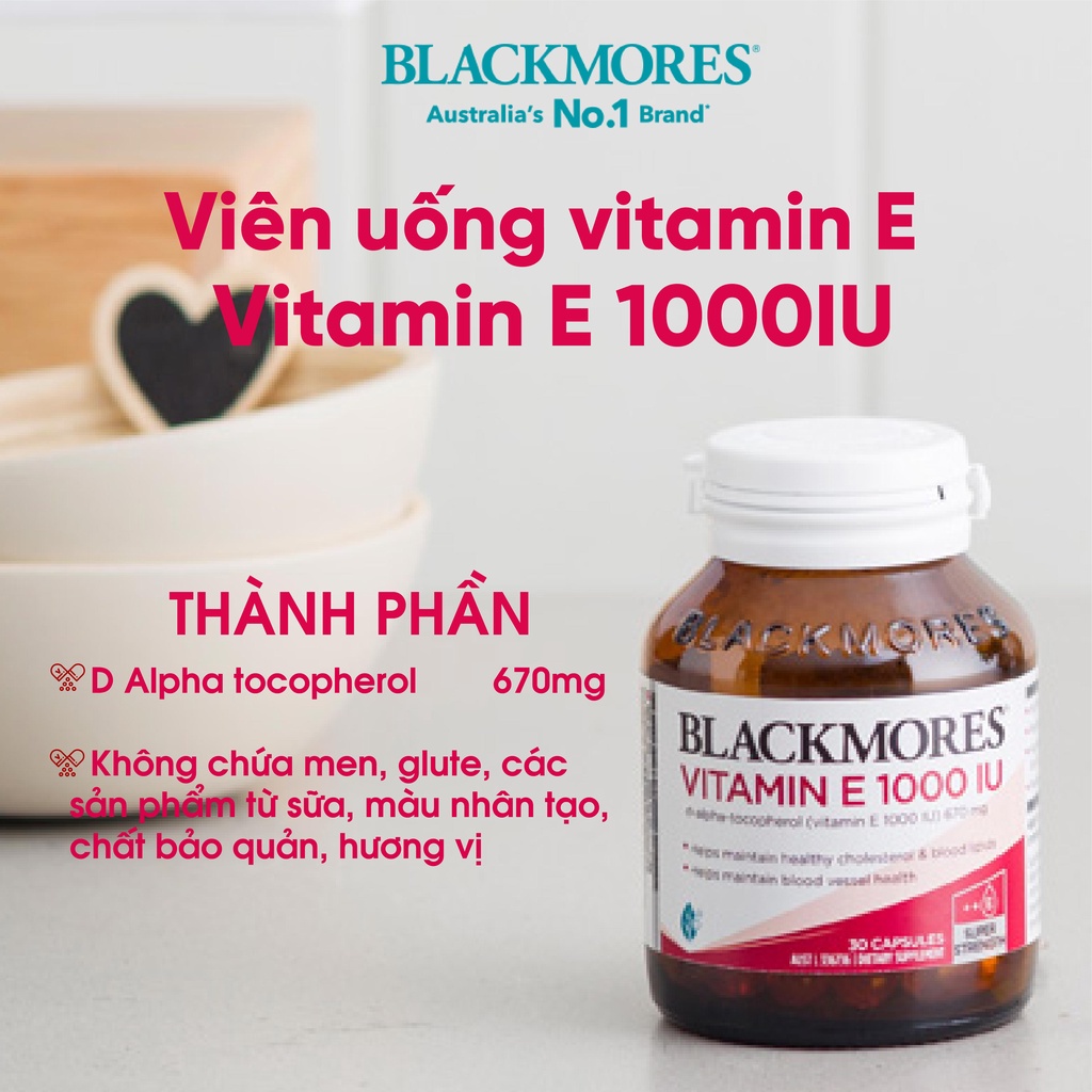 Vitamin E tự nhiên 1000IU Blackmores, viên uống bổ sung vitamin E giúp dẹp da, đẹp tóc 30 viên Úc