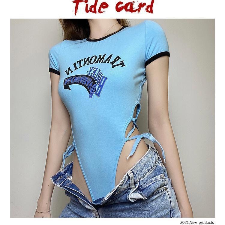 Bộ Áo Liền Quần Tay Ngắn Cổ Tròn In Chữ Thời Trang Mùa Hè Quyến Rũ Cho Nữ