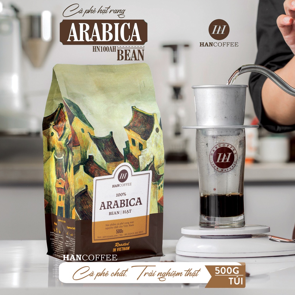 Cà phê nguyên chất HANCOFFEE Arabica dạng hạt rang mộc pha máy/pha phin, vị chua đắng dịu nhẹ 500gr - HN100AH