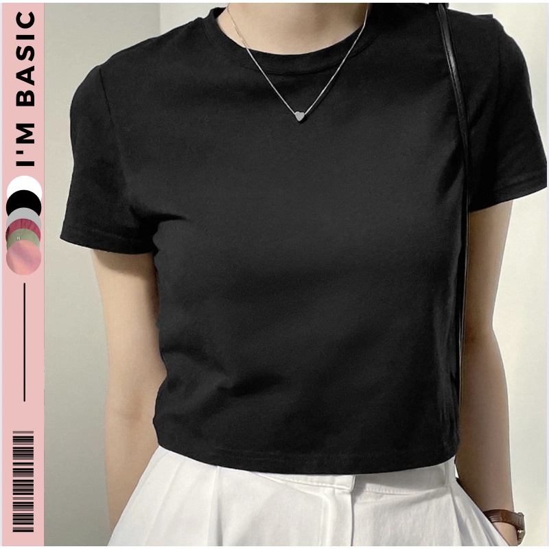 Áo Thun Croptop Nữ Tay Ngắn Màu Đen Cổ Tròn Vải Cotton Mềm Áo Baby Tee Hottrend Co Giãn Tốt Ôm Body Ulzzang I'm Basic