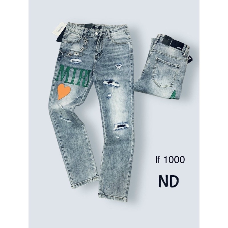 Quần bò nam amiri cao cấp xanh rách gối chất liệu co dãn.