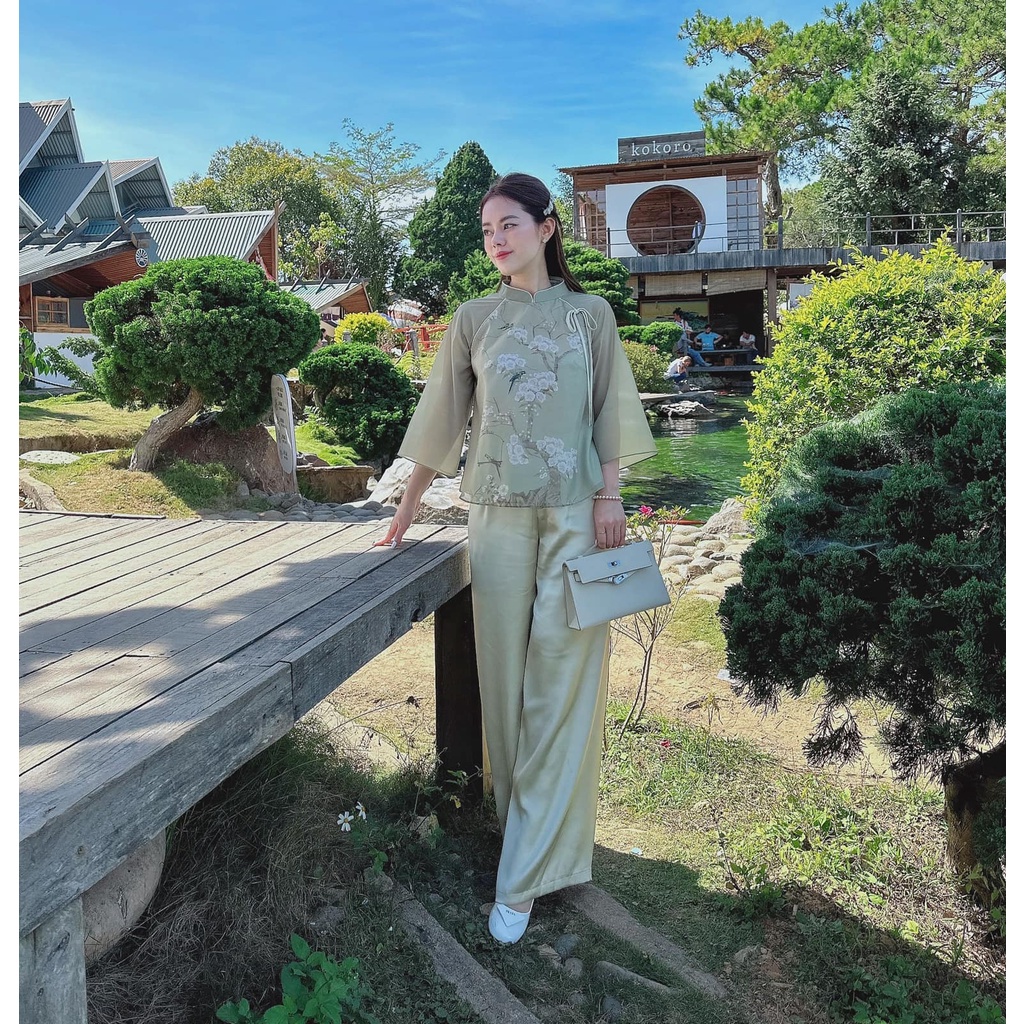 Bộ LAM đi chùa in hoa đào - sét áo đi lễ chùa hàng thiết kế 2023