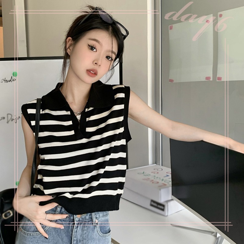 1 Áo Croptop Dệt Kim Sát Nách Họa Tiết Kẻ Sọc Thời Trang Hàn Quốc Cho Nữ